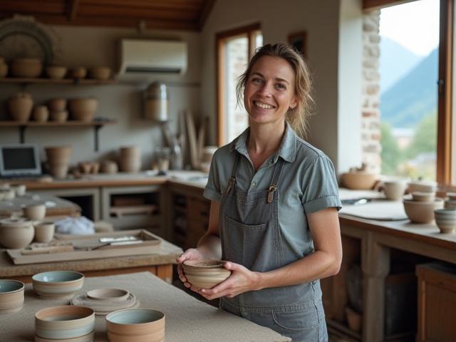 Gründerin von Berg Keramik im Atelier, umgeben von Töpferwaren und Werkzeugen