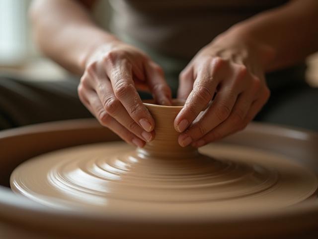Hände formen Ton auf einer Töpferscheibe
